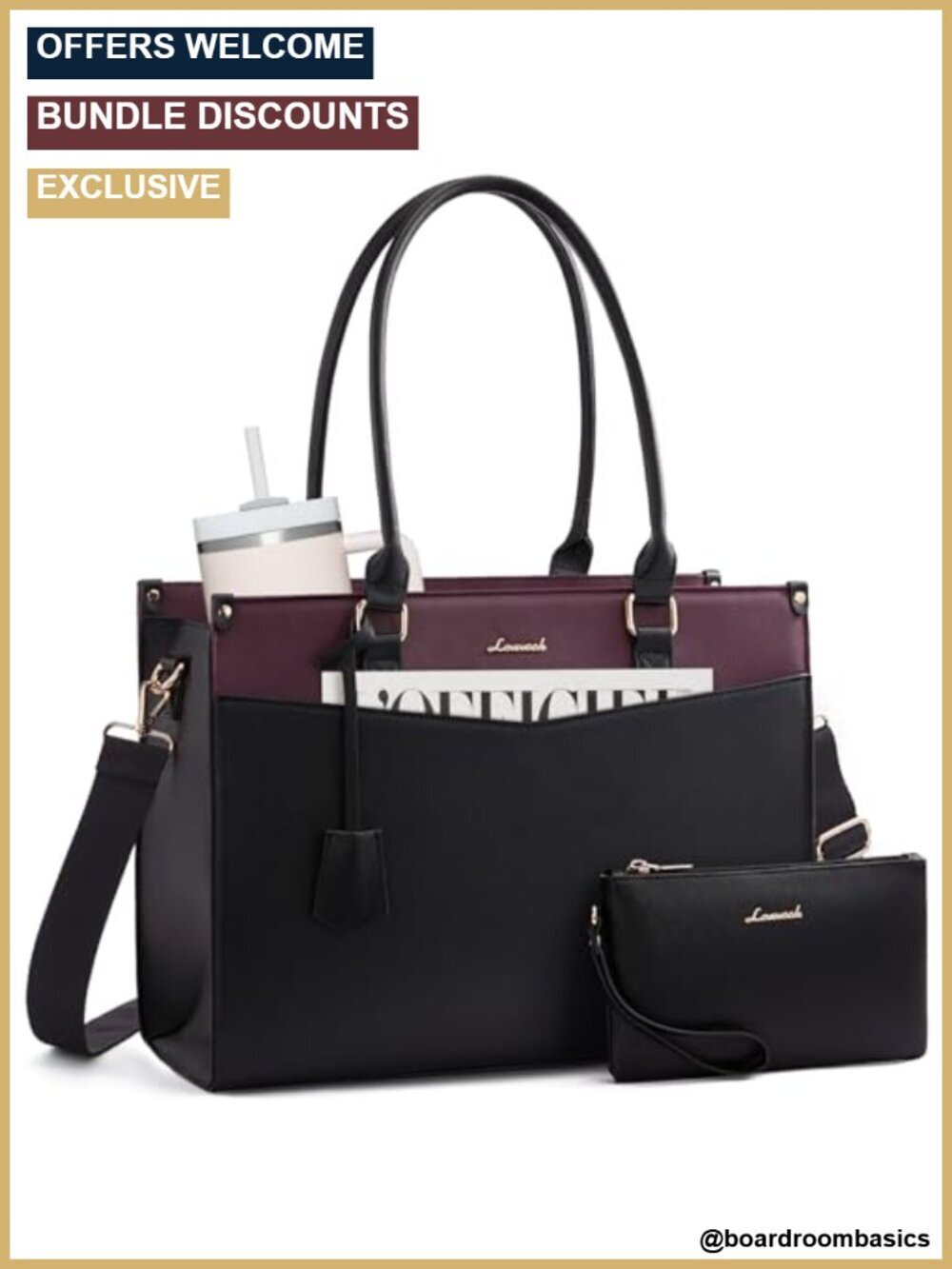2-in-1 Laptop Tote Bag with Removable Clutch & Cup Holder